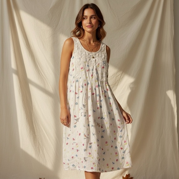 April Cornell Ivory Floral Cotton Dress S - Picture 1 of 6